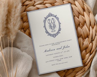 Lobster Engagement Party Invitation, Coastal Engagement Invite, Nautical Engagement Party, Blue Vintage Invitation, Editable Canva Template