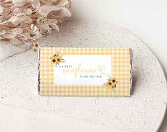 Sunflower Baby Shower Candy Bar Wrapper | Yellow Gingham Sunflower | Baby Shower Favor | Editable Canva Printable b02s