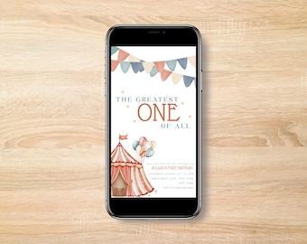 The Greatest One of All Circus Birthday Invitation Template, Carnival Birthday Invitation,  Editable Canva Template b03g