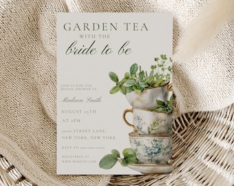 Garden Tea Bridal Shower Invitation Template, Tea Party Bridal Shower Invite, Floral Tea Cup Invitation, Editable Bridal Shower Invite