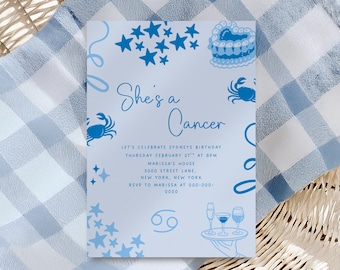 She’s a Cancer Birthday Invitation Template | Zodiac Birthday Invite | Astrology Birthday Party | Coastal Blue Crab Invite