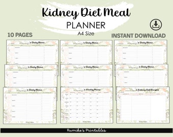 Kidney Diet Meal Planner,Floral Design,Kidney Disease Help,Meals organizer,Health,Lifestyle,Printable Download,Personalised Menu