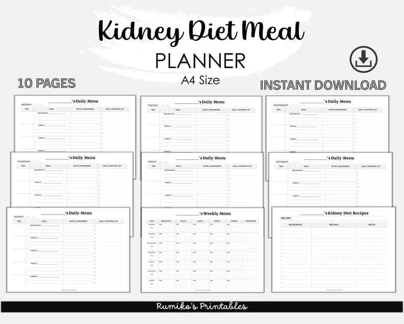 Kidney Diet Meal Planner (minimalist),kidney Disease Help,meals Organizer,health,lifestyle ...