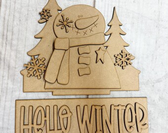 Interchangeable Window Box Add On, Hello Winter, Snowman, Shelf Sitter, Window, Interchangeable, Unfinished, DIY, Laser Cut, Craft