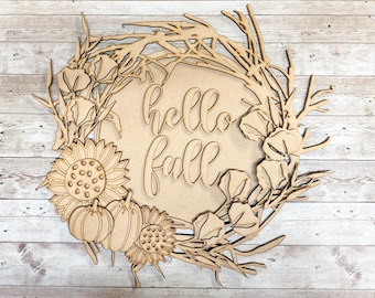 Hello Fall Door Hanger | Flowers, Pumpkins, Sunflowers | MDF Laser Cutout (DIY Kit)