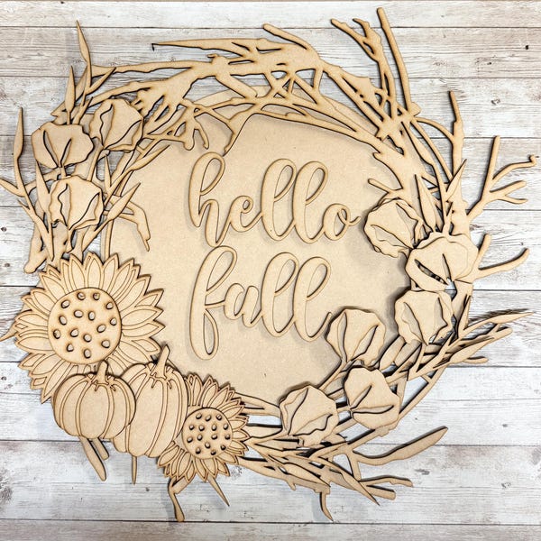 Hello Fall Door Hanger | Flowers, Pumpkins, Sunflowers | MDF Laser Cutout (DIY Kit)