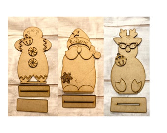 Standing Christmas DIY Set, Santa, Gingerbread, Nerdy Reindeer, Shelf Sitters, Craft Kit, Laser Cutout