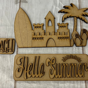 Hello Summer Interchangeable Sign, Beach, Summer, Craft Kit, DIY Kit, Laser Cutouts, Unfinished Kit