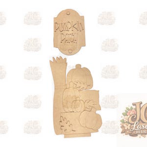 May include: A light brown laser-cut wooden sign with the text PUMPKIN PATCH and a separate wooden cutout featuring a stack of pumpkins, leaves, and a tall stalk. The pieces have a smooth, unfinished surface with visible laser-cut edges.