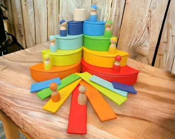 Handmade Grimms Style Wooden Waldorf Rainbow Stacker Toy +1 Age 34 pcs.Montessori Stacking Open Ended Educational Birthday Gift for Toddlers