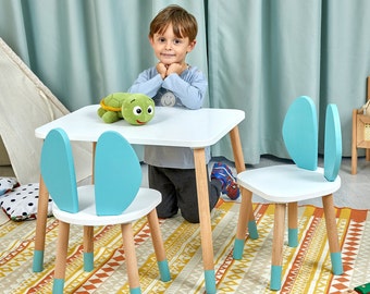 Ensemble table et chaises pour enfants avec oreilles de lapin - Bureau pour enfant en bois et mini chaises bébé modernes, meubles Montessori pour enfants, cadeau table et chaise pour tout-petit