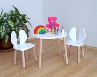 Holz-Montessori-Kindertisch und Stuhl-Set, Holztisch und Stuhl für Kinderzimmer, Tisch und Stuhl, Aktivitäts-Kleinkindtisch und Hasenstuhl