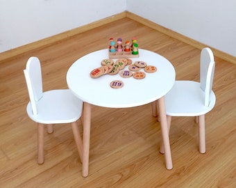 Moderne Holz Mini Kinder runden Spieltisch und Hasenohr Baby Stuhl als Weihnachtsgeschenk für Kleinkind-Handmade Kids Aktivität Tisch und Kleinkind Stuhl