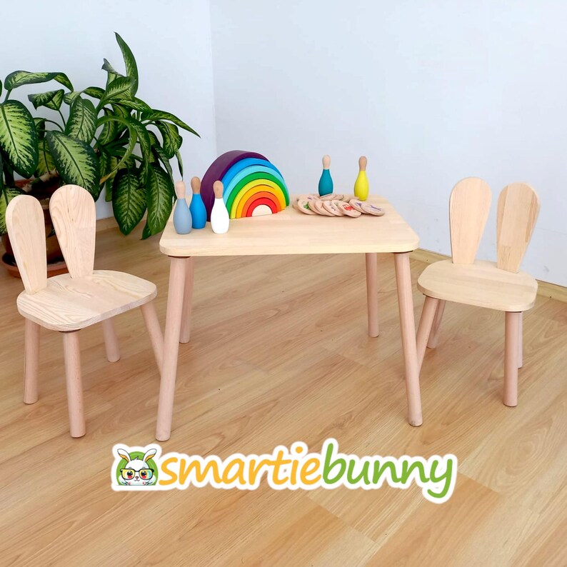 Montessori Table With Chairs -wooden Kids Table and Bunny Chair Set ...