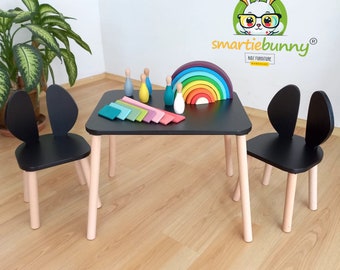 Table et chaise Montessori-Ensemble table et chaises pour enfant en bois noir-Bureau pour enfant fait main-Chaise de table pour tout-petits, table pour enfants et chaise pour enfants