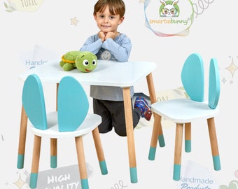 Ensemble table et chaise sensorielle en bois pour enfants - Meubles Montessori pour tout-petits - Table d'activités bleue avec chaises - Bureau de jeu pour enfants et chaise pour bébé