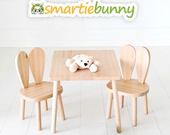 Wooden Kids Table and Bunny Chair Set: Montessori Activity Table for toddler gift