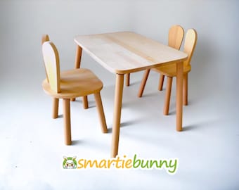 Montessori handmade mini toddler table and child chair set-Wooden Kid Table and Bunny Chair for toddler,modern Kid desk Chair,Activity Table