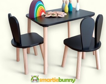 Handmade Black Wooden Kids Table and Chair Set Modern Mini