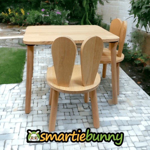 SmartieBunny® handgemachter Kindertisch und Kleinkindstuhl für Kinder-Set-Montessori-Holztisch für Kinder mit Kinderstuhl-