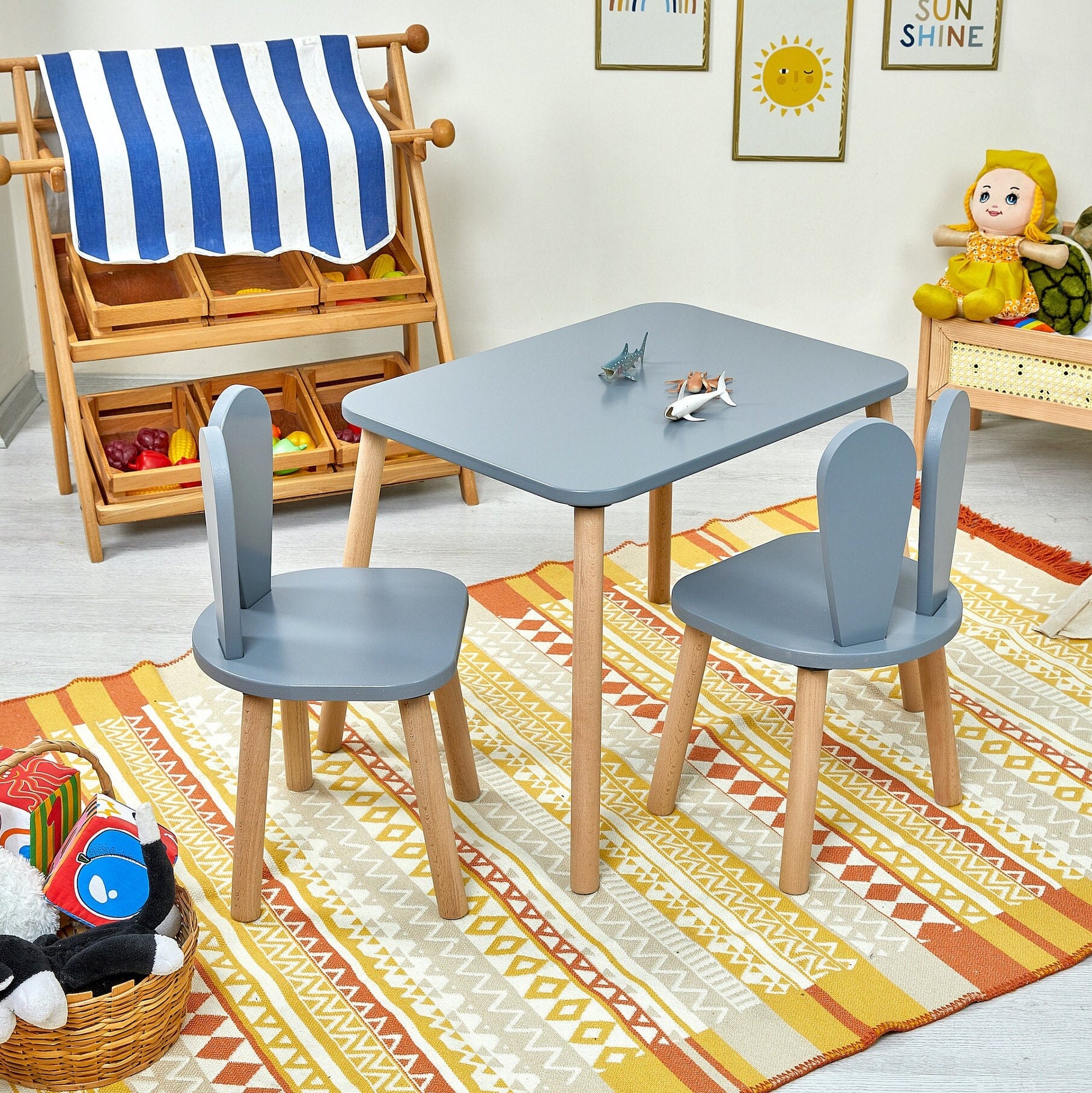 Table chaises et bac rangement enfant en bois etoile - RETIF
