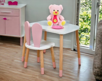 Chaise Smartie Bunny - Ensemble table et chaise pour enfant rose fait main - Table pour enfant avec deux chaises - Meubles Montessori - Table pour tout-petit rose