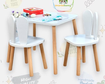 Holz-Kindertisch und Stuhl-Set, Kleinkindmöbel, Kinderspieltisch – weißer Kinder-Aktivitätstisch und Babystuhl – Montessori-Möbel,