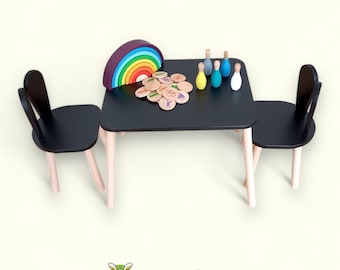 Black Wooden Kids Table and Chair Set: Montessori Toddler Furniture