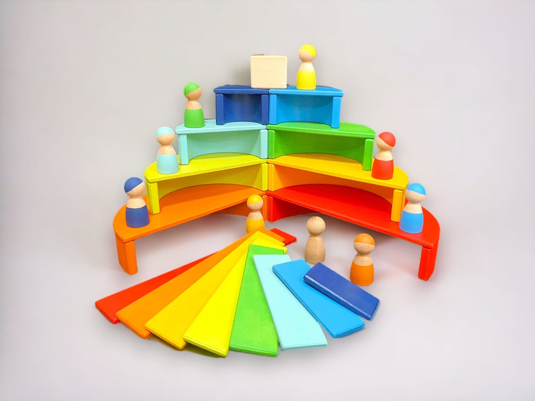 Handmade Grimms Style Wooden Waldorf Rainbow Stacker Toy 1 Age 34 Pcs