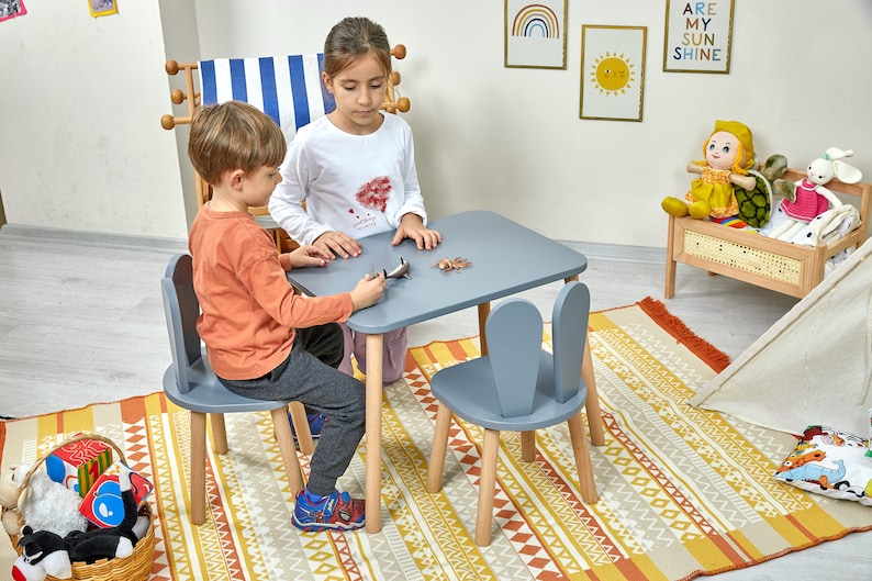 Wooden table and chairs for kids-Montessori Table-Montessori Chair-Wooden Kids Table And Chair Set-Activity Table-Rabbit Chair-Toodler Gift