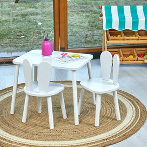 Modern Handmade Montessori Kids Table & Chair Set | Wooden Toddler Desk with Bunny Chair | Natural Wooden Kids Furniture