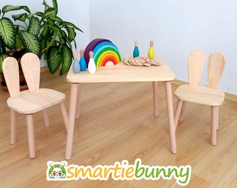 Chaise bébé lapin, ensemble table et chaises en bois pour enfants, chaise de table en bois pour tout-petits pour enfants, table et chaise Montessori, table d'activités en bois