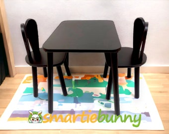 Zwarte houten kindertafel en stoelset voor babyboss-Montessori tafel en stoel-Handgemaakte houten kindertafel-Peutertafelstoel, kindermeubilair