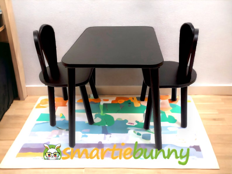 Smartie-Bunny wooden table and chair set is produced from first quality wood, materials used in this Montessori table and chair set are suitable for children use.