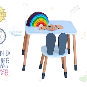 Wooden Toddler Table with 2 kids Chair Gift Set - Handmade Toddler Playroom Furniture - Montessori Learning Activity Table for Preschoolers