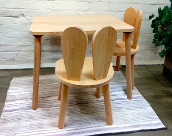 Sedia Smartie-Bunny, set tavolo e sedia per bambini in legno, tavolo in legno, sedia in legno per bambini, tavolo e sedia Montessori, tavolo attività in legno