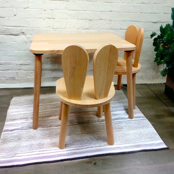 Smartie-Bunny Stuhl, Kindertisch und Stuhlset aus Holz, Holztisch, Holzstuhl für Kinder, Montessori Tisch und Stuhl, Aktivitätstisch aus Holz