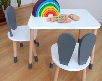 Ensemble table et chaise en bois pour tout-petit - Table pour enfant et chaise lapin, bureau et chaise en bois pour enfants, table d'activités Montessori et chaise