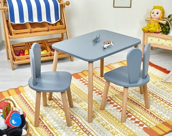 Table Montessori - Chaise Montessori - Table et chaises en bois pour enfants - Ensemble table et chaises en bois pour enfants - Table d'activités - Chaise lapin - Cadeau pour enfant