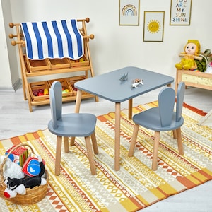 Montessori Wooden Kids small desk and baby chair | Wooden Kid Table And Chair Set | Kids Playing Desk with Rabbit Chair as a Toodler Gift