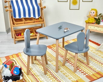 Montessori Holz Kinder Schreibtisch und Kinderstuhl | Hölzerner Kindertisch und Stuhl-Set | Kinder Schreibtisch mit Hasen Stuhl als Kleinkind Geschenk