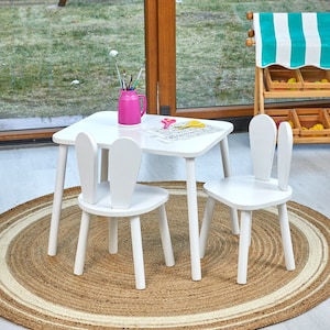 Wooden Kids Table with 2 Chairs Set,Toddler Furniture,Kids Playing Desk -White Children Activity Table and baby chair-Montessori furniture