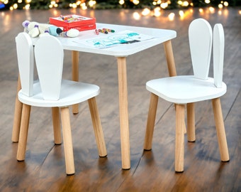 Meubles Montessori pour chambre d'enfant en bas âge | Meubles Montessori Lapin Blanc | Ensemble table et chaises en bois pour enfants | Table de chambre d'enfants