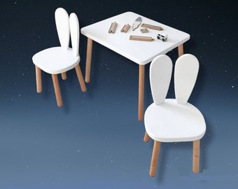 Ensemble table et chaises en bois pour enfants - Chaise lapin - Table d'activités - Table montessori - Table pour tout-petits en bois - Meubles Montessori - Chaise Montessori