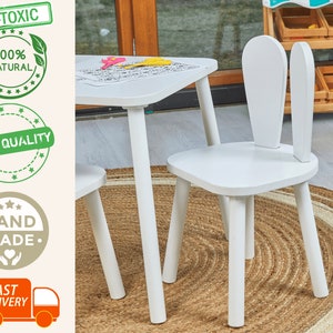 Montessori Wooden Table and Rabbit Chair Set for Toddlers – Eco Friendly Kids Furniture for Playroom or Bedroom – Perfect Gift for Children