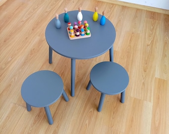 kids room table and stool furniture-Kids Round table and Stool set-monessori wood white desk for toddler -scandi kids table and chair set