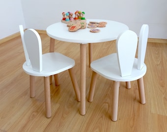 Modern wooden mini kids round playing desk and bunny ear baby chair for toddler-Montessori Handmade Kids activity table and toddler chair