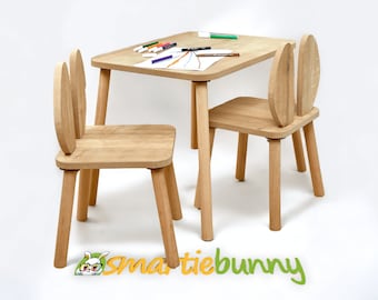 Table et chaises en bois pour enfants - Table Montessori - Chaise Montessori - Ensemble table et chaises en bois pour enfants - Table d'activités - Chaise lapin - Cadeau pour enfant