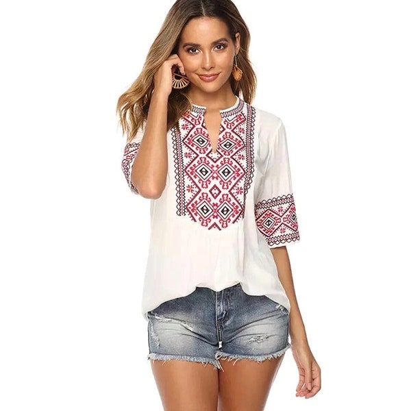 Ukrainian national traditional embroidery casual T shirt blouse for women, girls, ladies