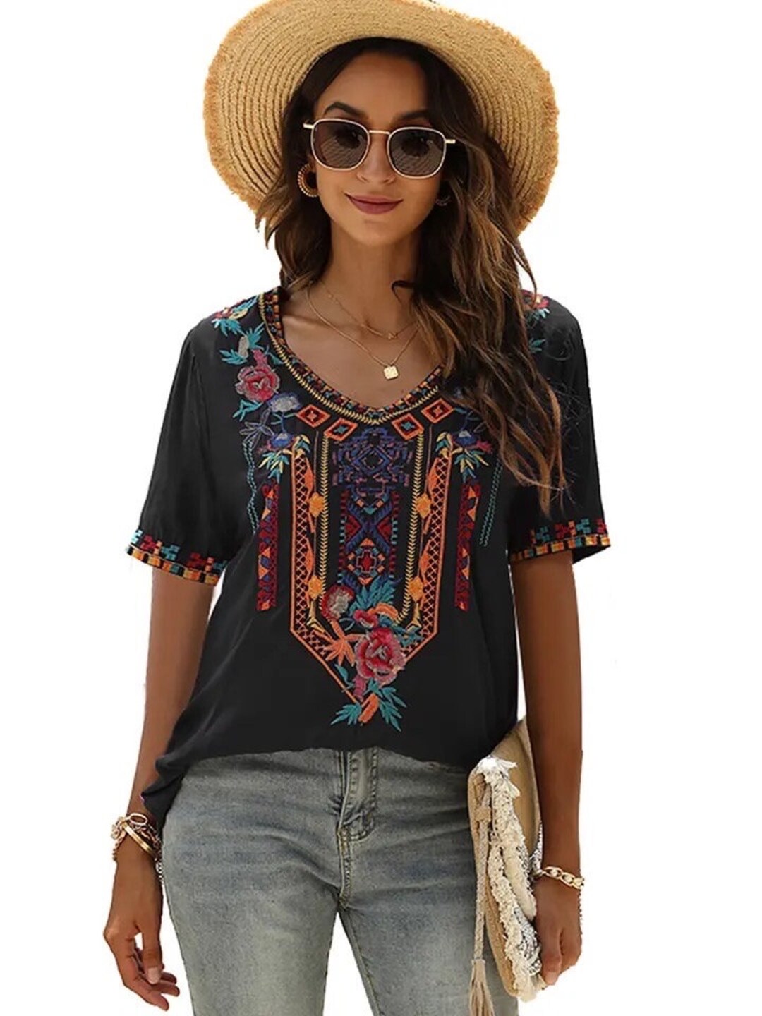 Embroidered National Traditional Embroidery Casual T Shirt Blouse Top ...